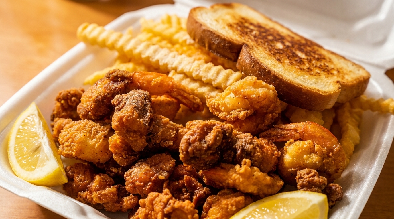 Fried shrimp and oysters with crinkle-cut fries, Texas toast, and lemon wedges in a takeout container.