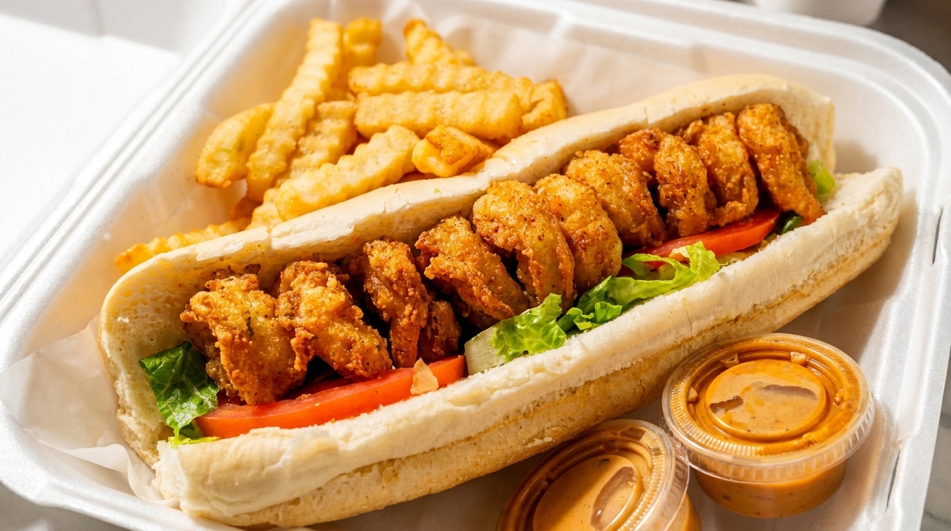 A fried shrimp po'boy sandwich with lettuce and tomato, crinkle-cut fries, and two dipping sauces.