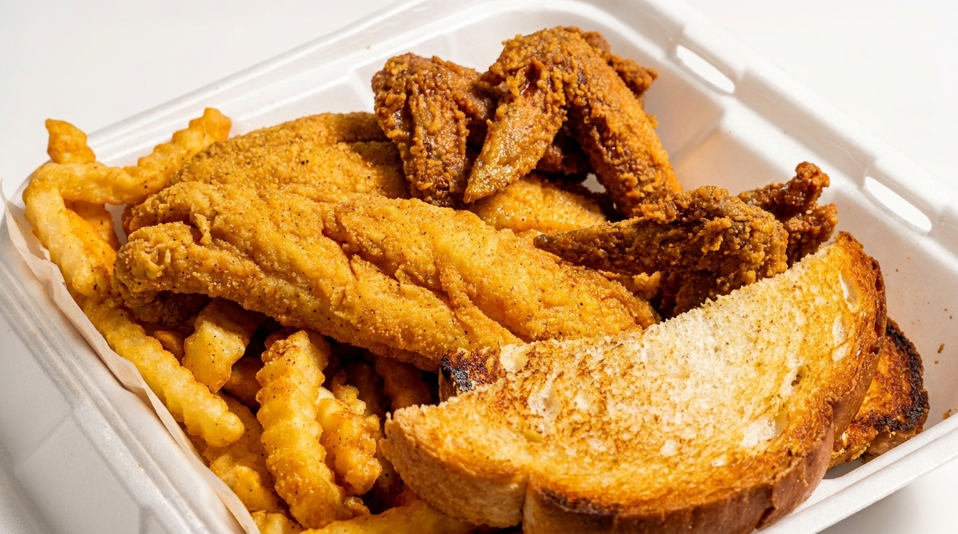 Fried fish fillets, chicken wings, crinkle-cut fries, and toasted bread in a white takeout container.