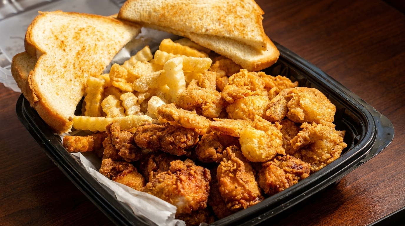 Fried shrimp and chicken pieces with crinkle-cut fries and toasted bread in a black container.
