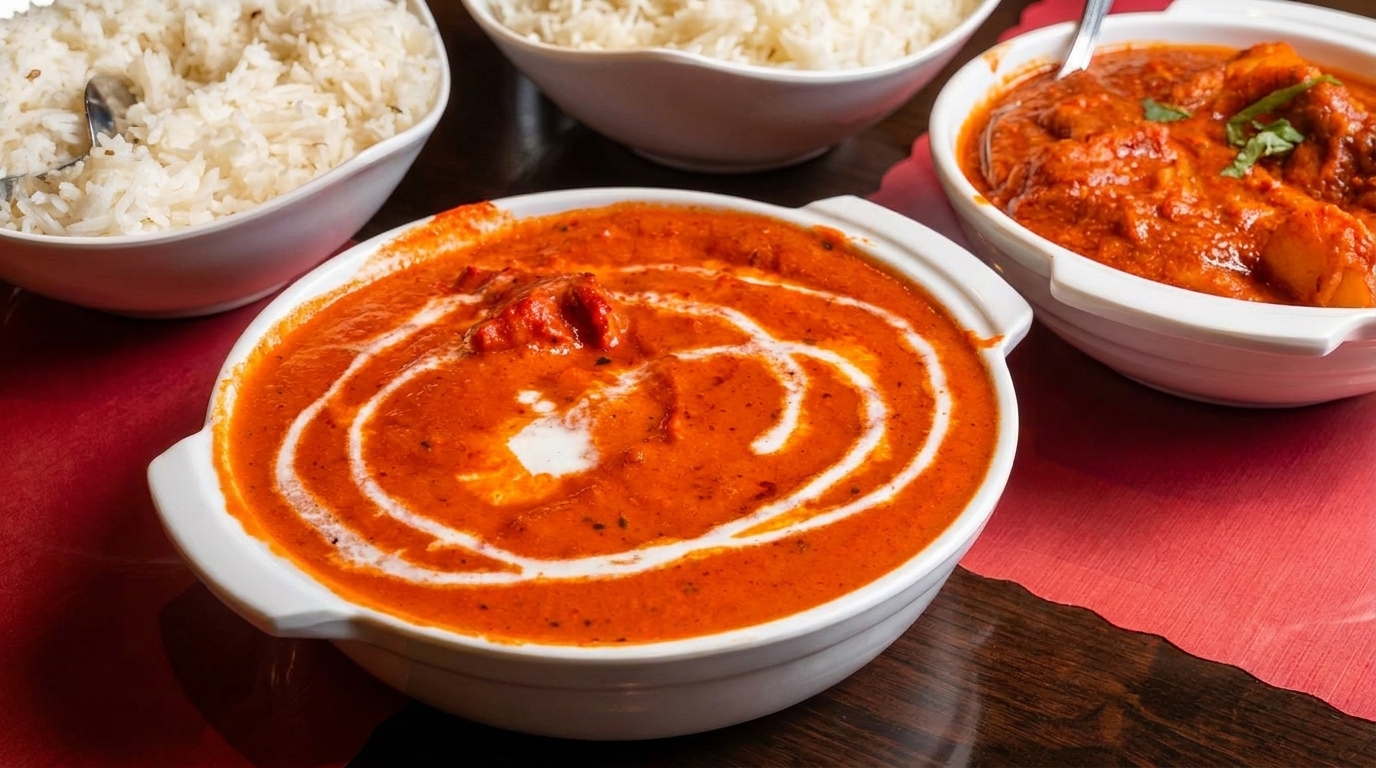 Two bowls of Indian curry, one with a cream swirl, and two bowls of white rice.