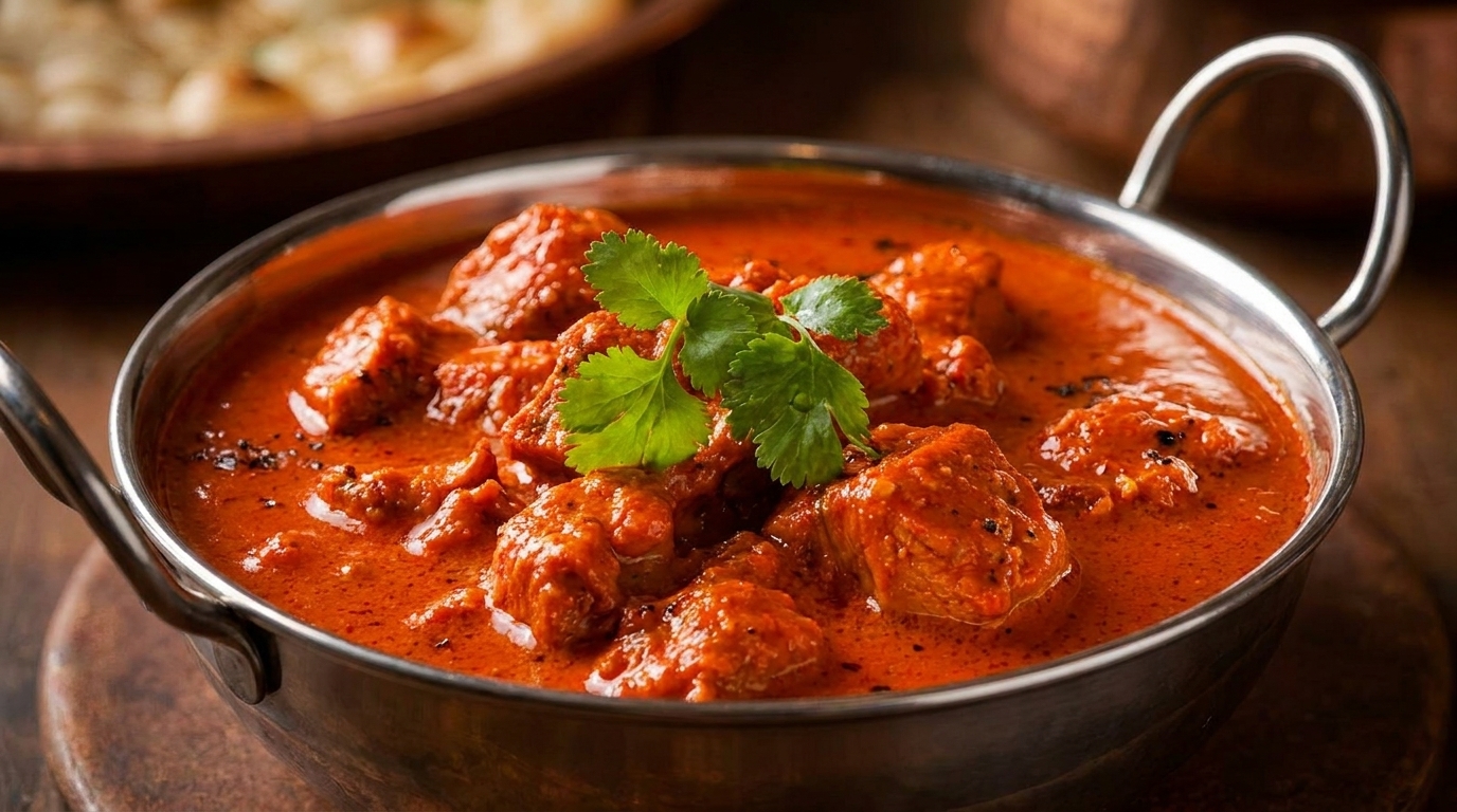 Close-up of a metal bowl filled with vibrant orange chicken tikka masala, garnished with fresh cilantro.