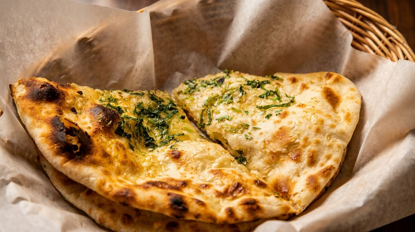 Two pieces of golden-brown naan bread, one with garlic and herbs, in a basket lined with parchment paper.