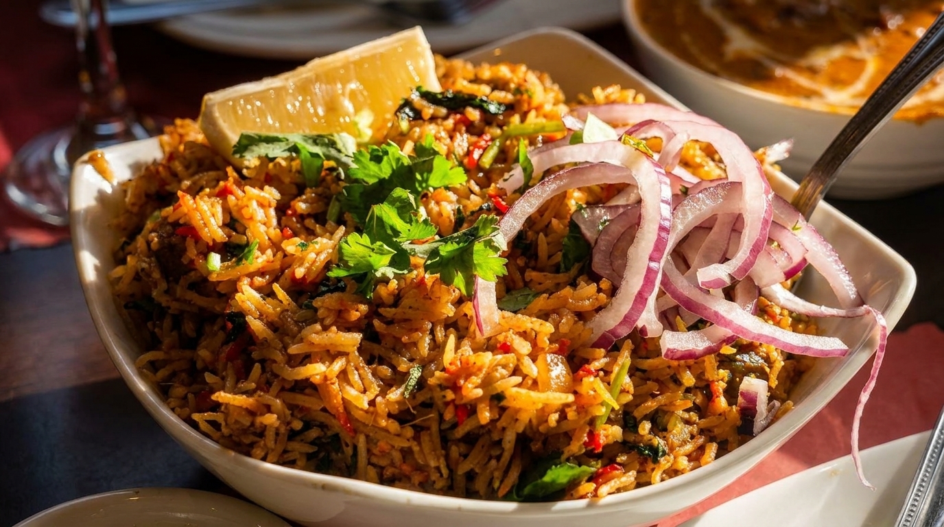 Close-up of a bowl of biryani rice, garnished with red onions, cilantro, and a lemon wedge.