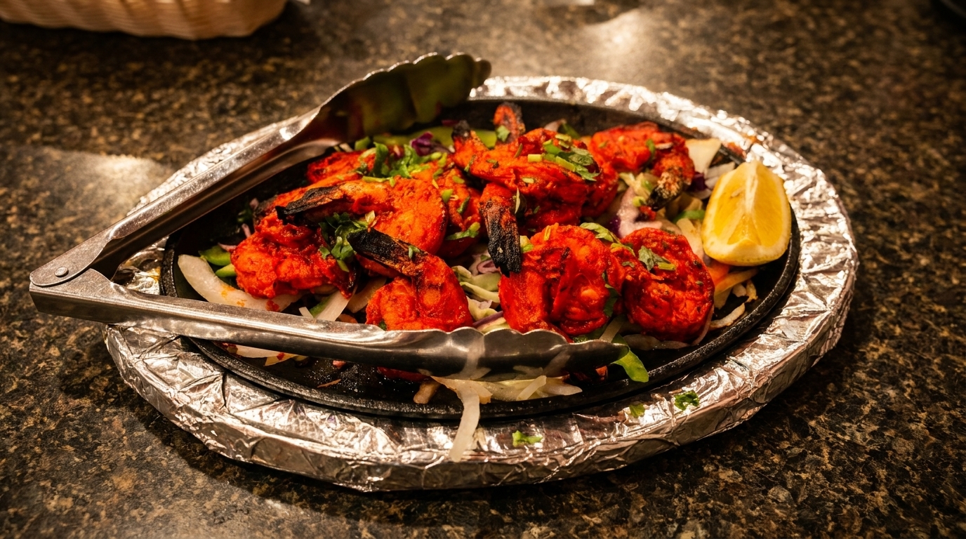 Sizzling platter of bright red tandoori shrimp with onions, cilantro, and a lemon wedge.