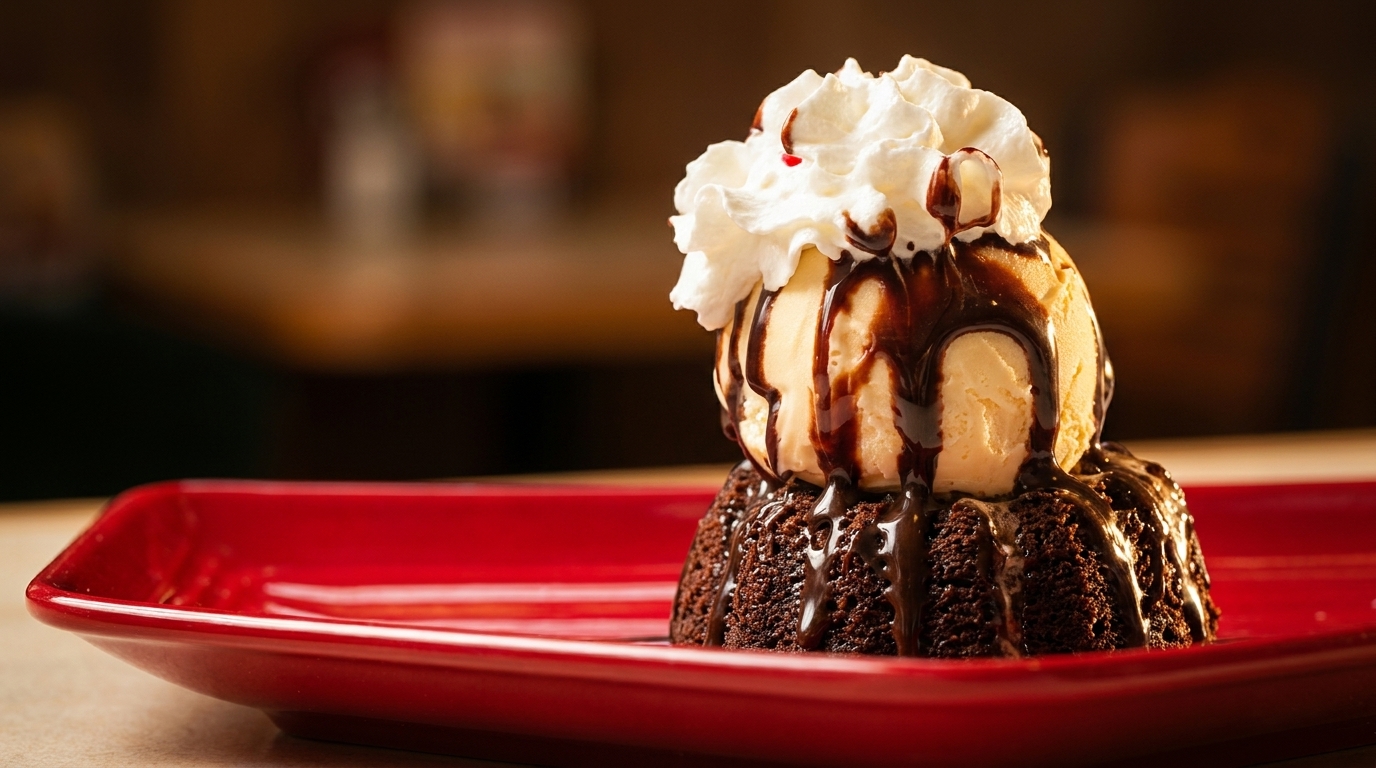 Chocolate lava cake with vanilla ice cream, whipped cream, and chocolate syrup on a red plate.