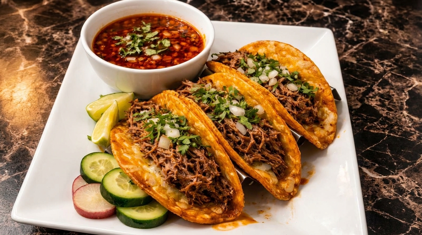 Three birria tacos with consome, lime wedges, cucumber, and radish slices on a white plate.