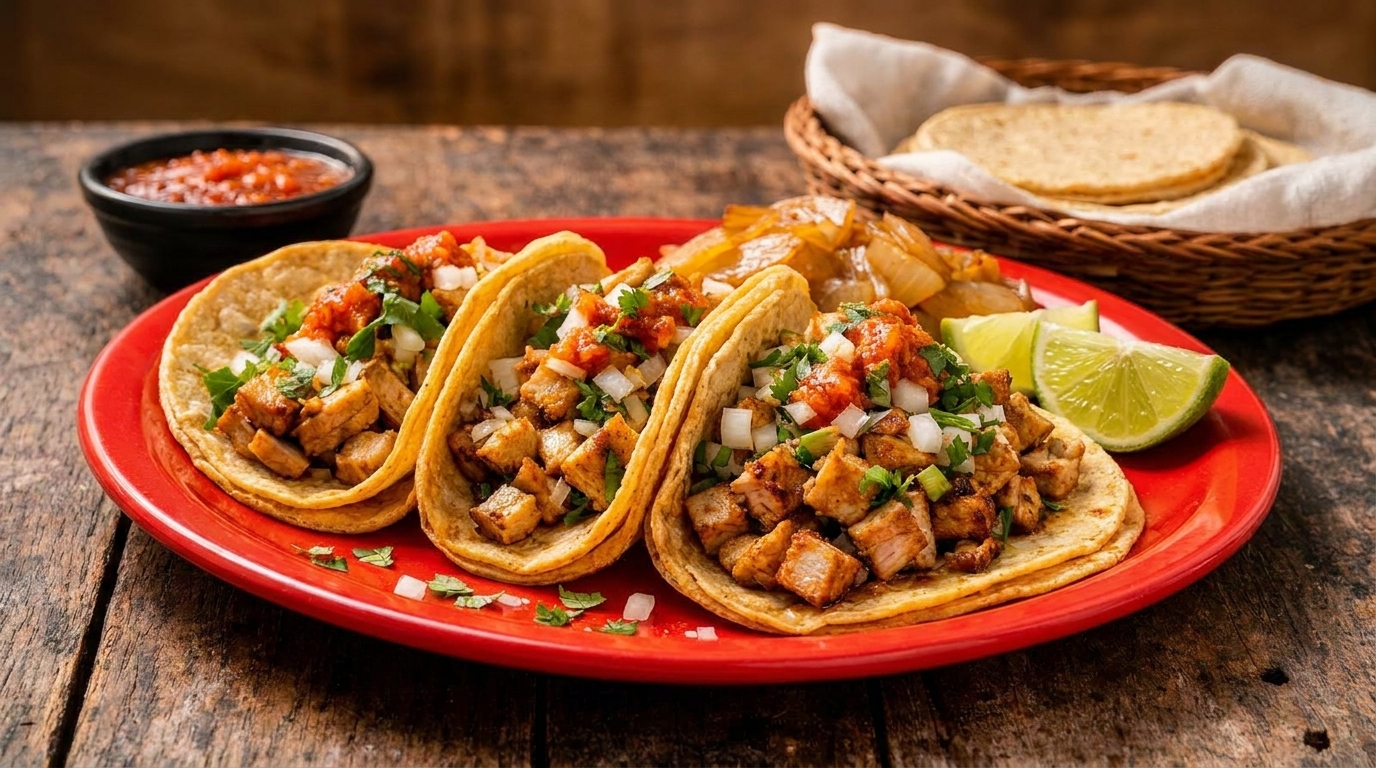 Three chicken tacos with salsa, onions, cilantro, and lime wedges on a red plate.