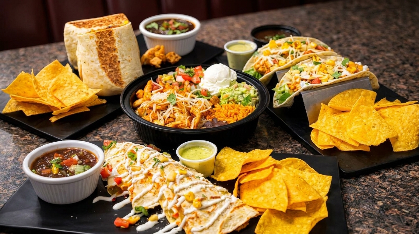 A spread of Mexican dishes including burritos, tacos, a rice bowl, and tortilla chips.