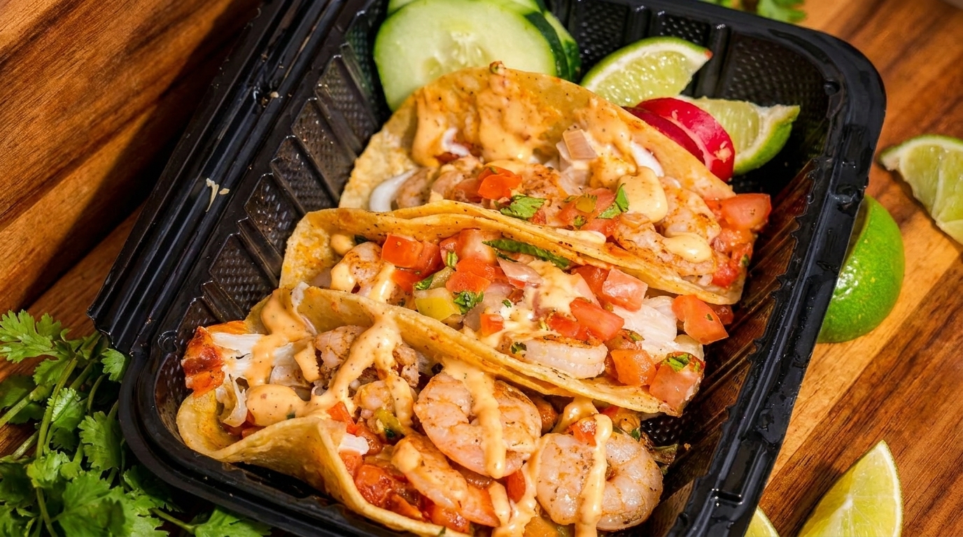 Three shrimp tacos with pico de gallo and sauce in a black container with lime and cucumber slices.
