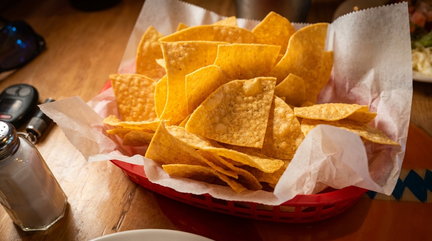 A red basket filled with crispy tortilla chips and lined with white paper, on a wooden table.