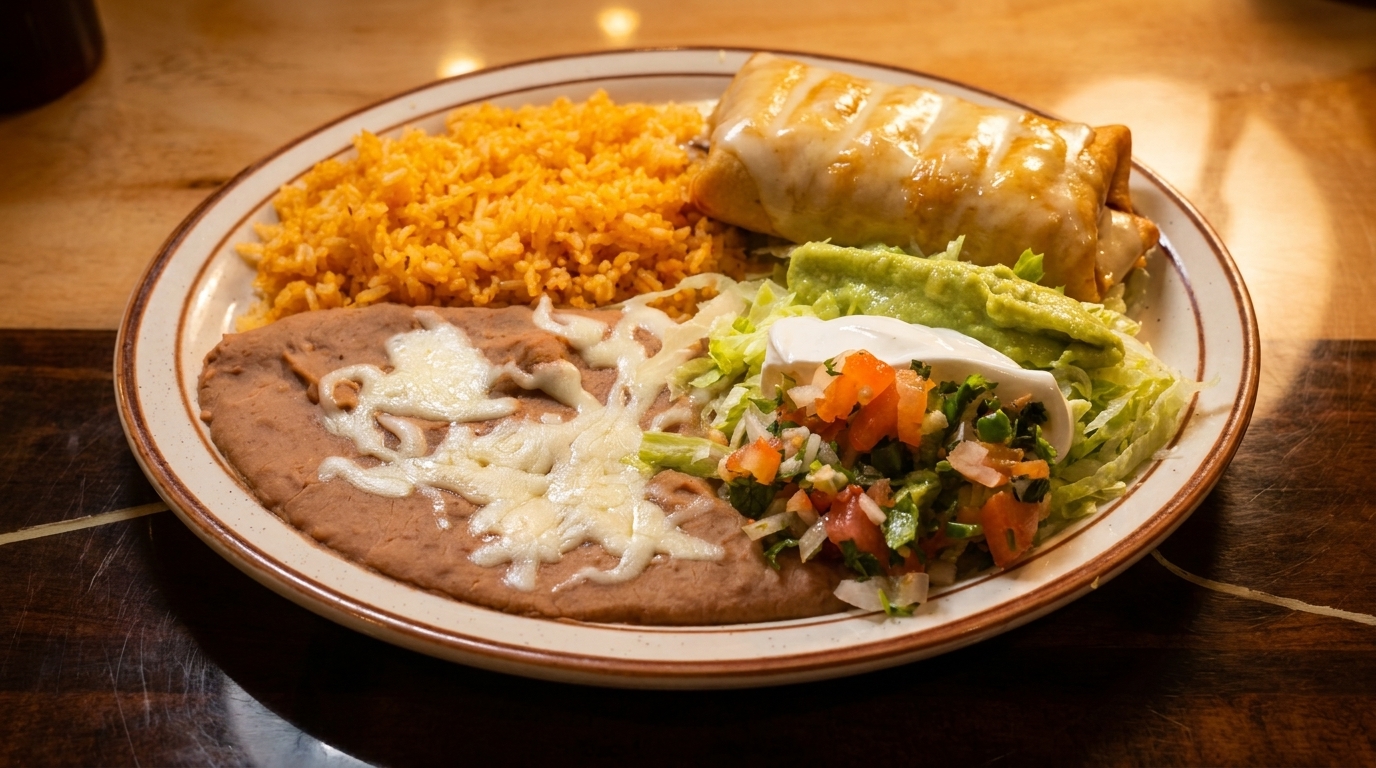 A plate of Mexican food with a cheesy burrito, rice, refried beans, guacamole, and pico de gallo.