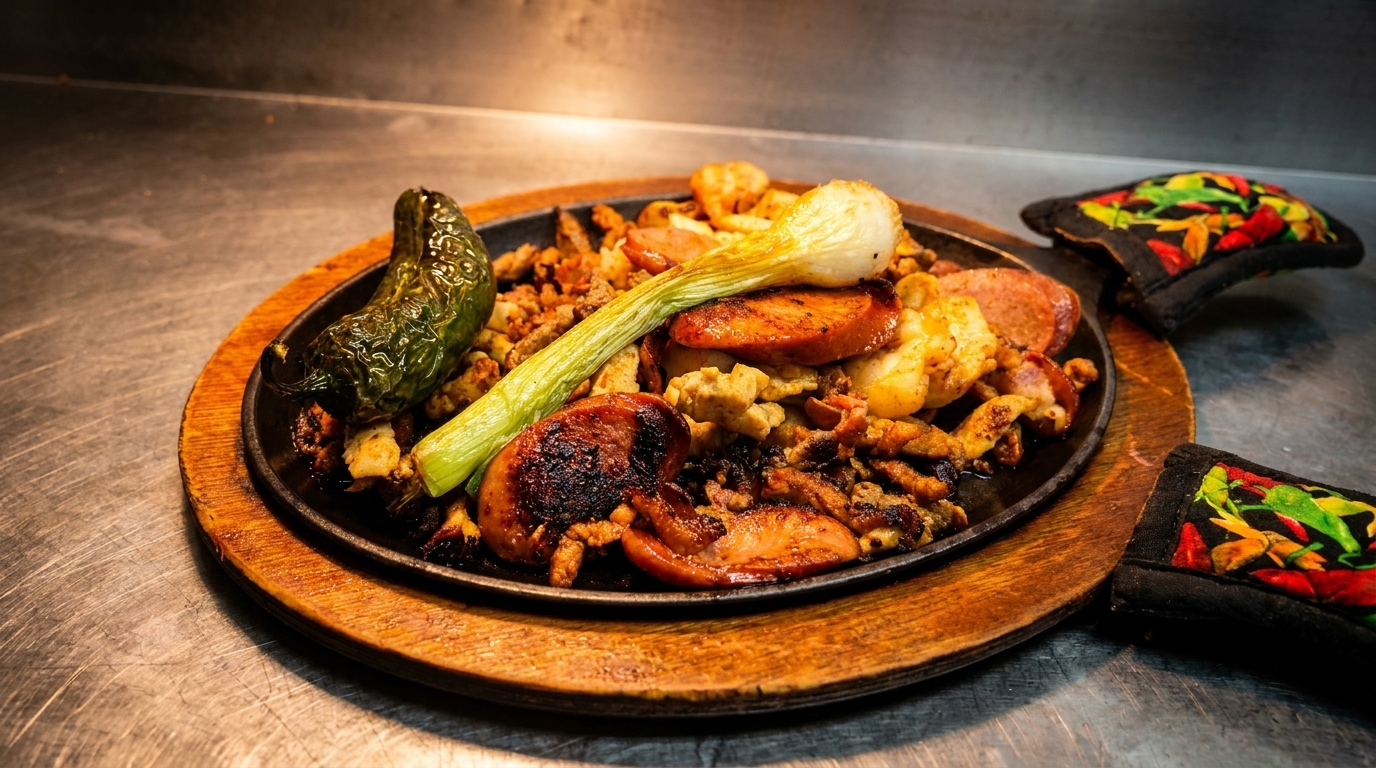 Sizzling fajita platter with grilled meats, vegetables, and a whole green chili on a wooden base.