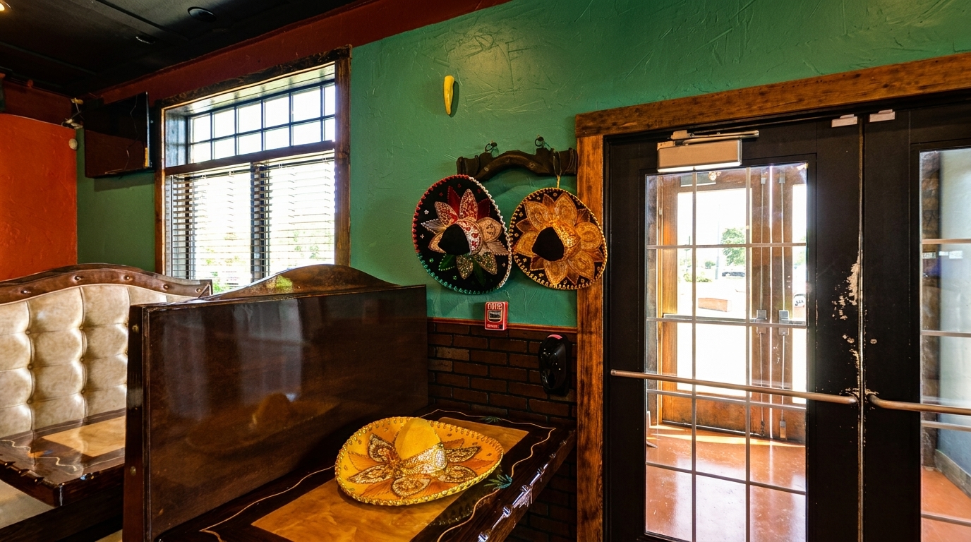 Restaurant interior with green walls, wooden booths, a window with blinds, and decorative sombreros.