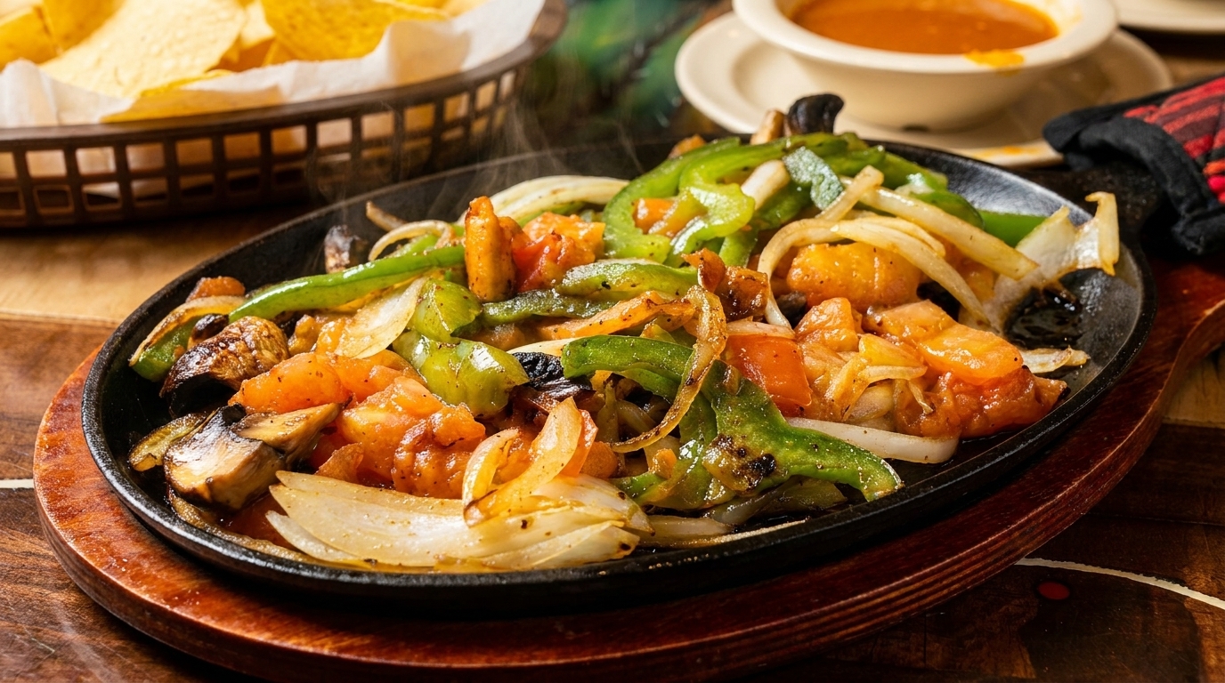 Sizzling fajitas with chicken, green peppers, onions, and tomatoes in a cast iron skillet.
