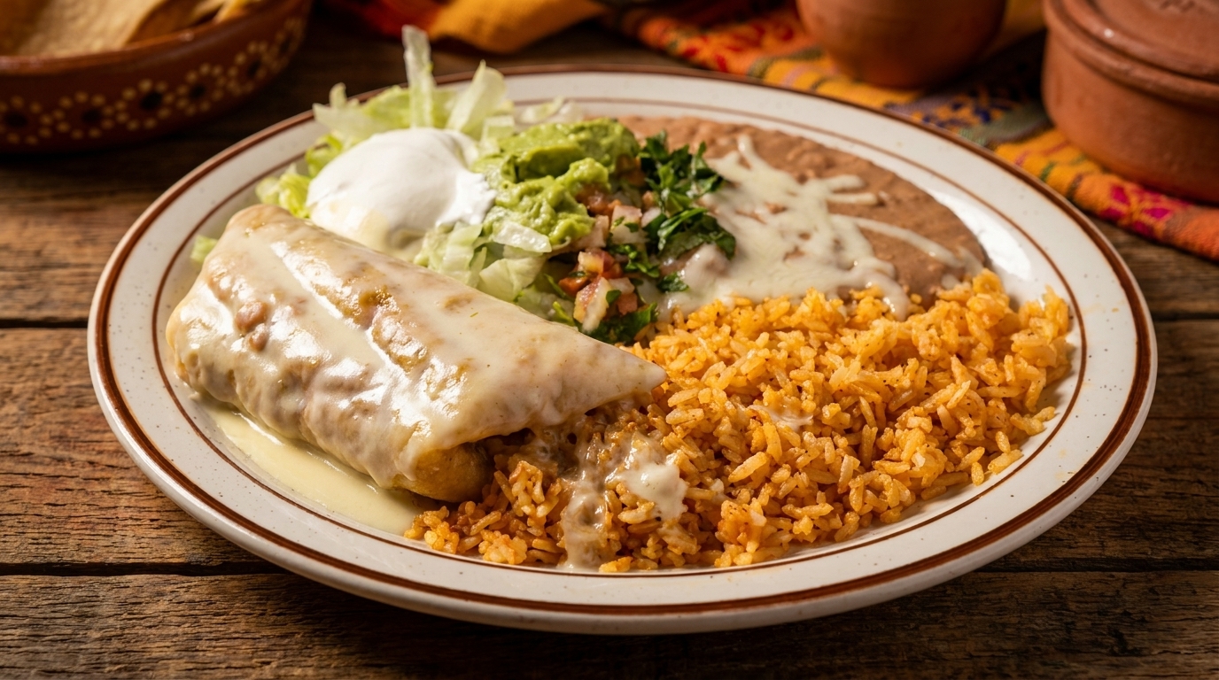 A plate of Mexican food with a burrito, rice, refried beans, guacamole, and sour cream.