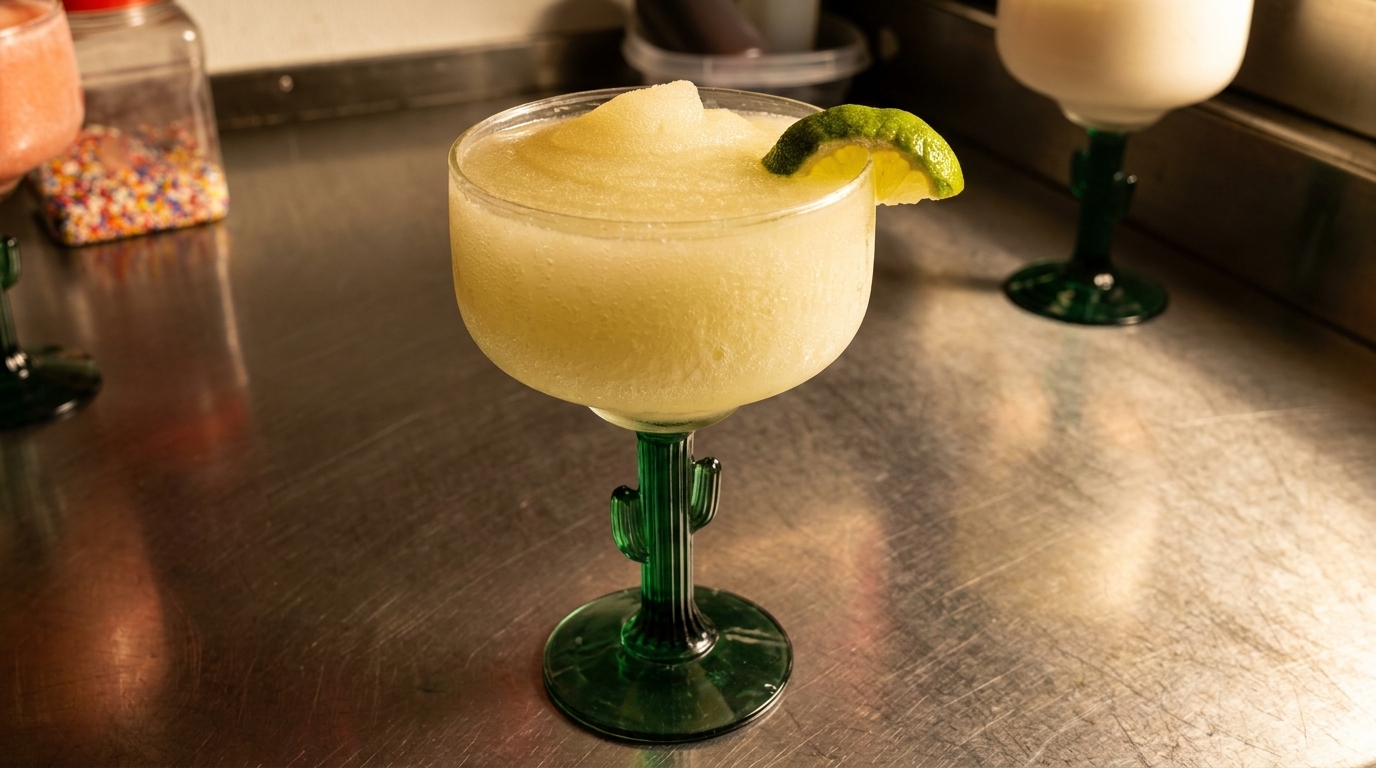 A frozen margarita in a cactus-stemmed glass with a lime wedge on a metal counter.