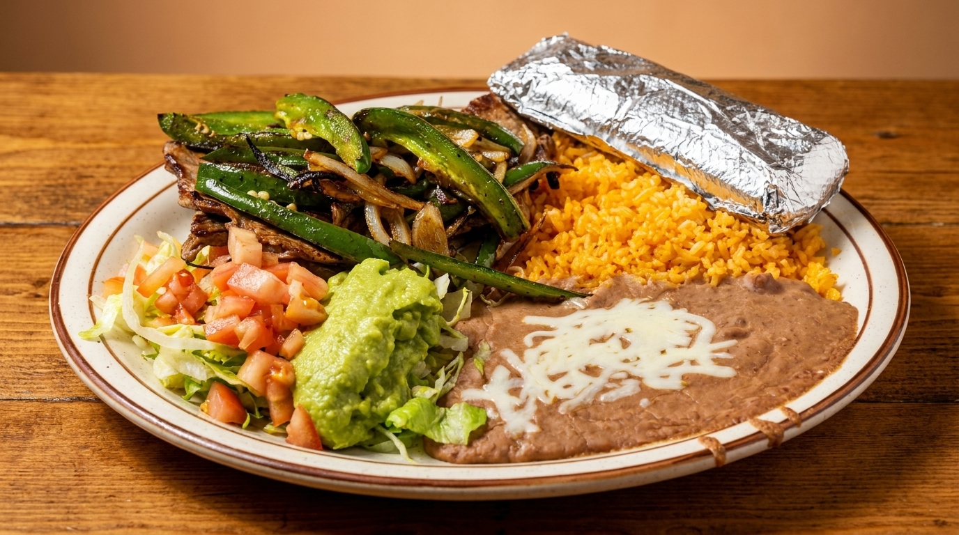 A Mexican combo plate with steak, grilled peppers and onions, rice, refried beans, guacamole, and salad.
