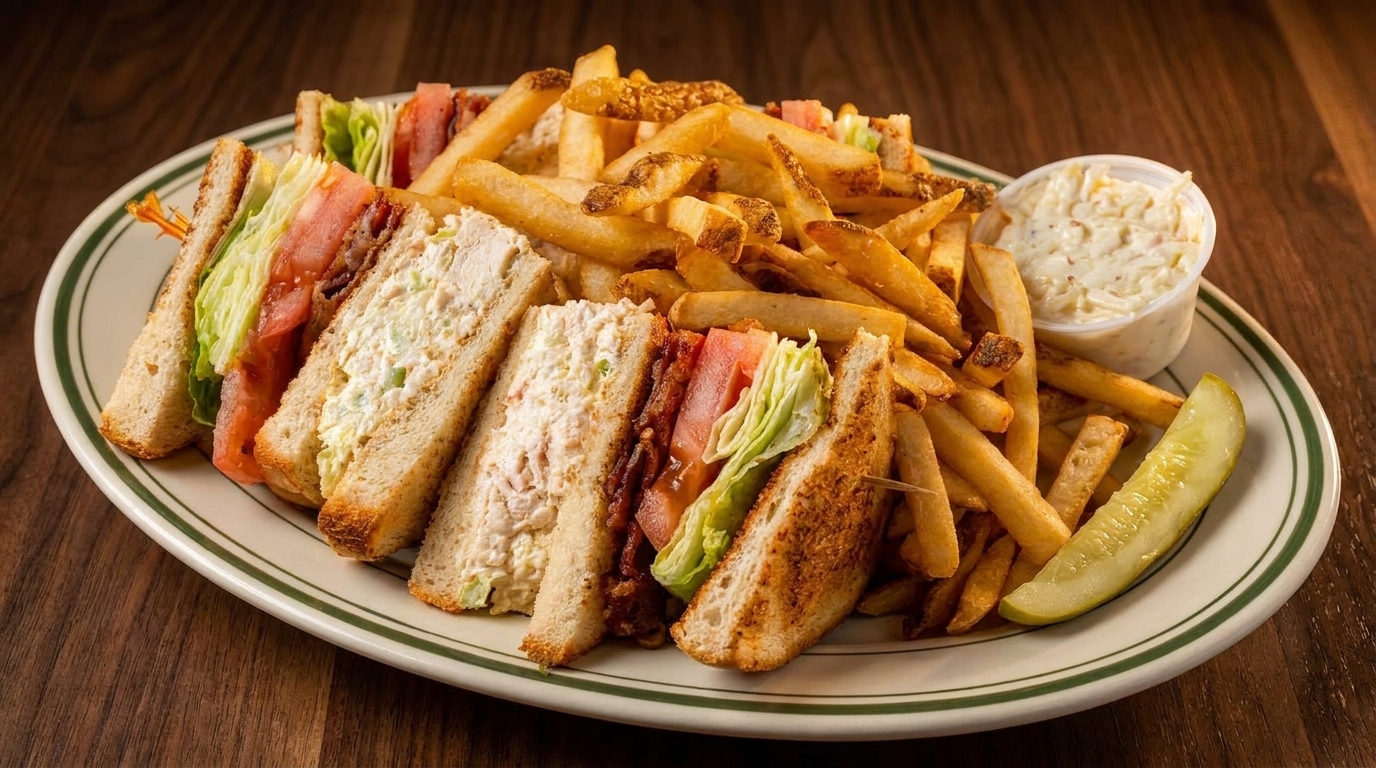 A club sandwich with fries, coleslaw, and a pickle spear on a white plate with green stripes.