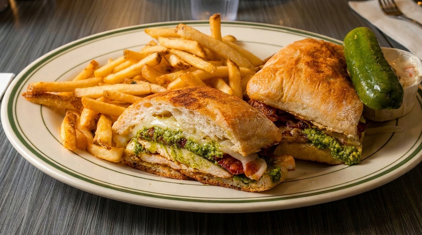 Chicken pesto panini with melted cheese, bacon, golden fries, a pickle, and coleslaw on a plate.