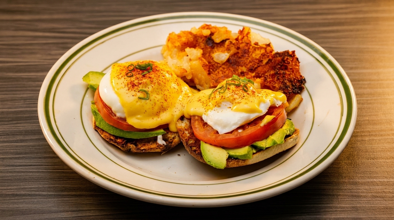 Two avocado tomato eggs Benedict with hollandaise sauce and hash browns on a white plate.
