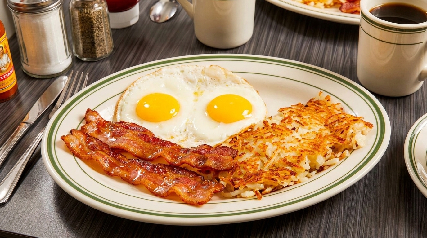 A diner breakfast plate with two fried eggs, crispy bacon, and golden hash browns.