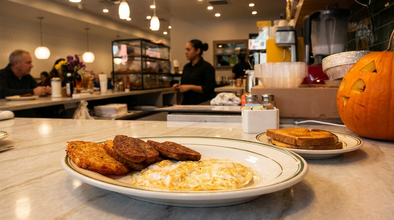 Breakfast plate with eggs, hash browns, sausage, and toast on a diner counter with a carved pumpkin.