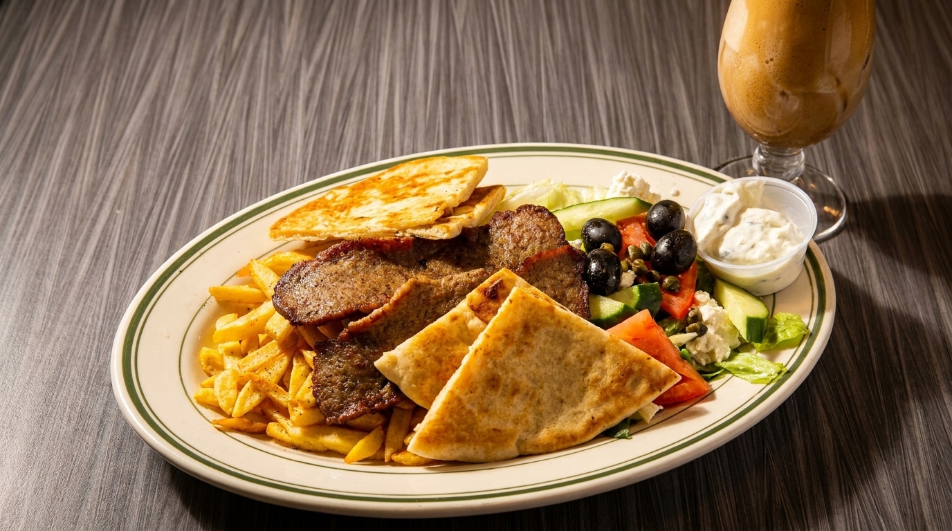 A Greek gyro platter with meat, pita, fries, salad, and tzatziki sauce, with a drink.
