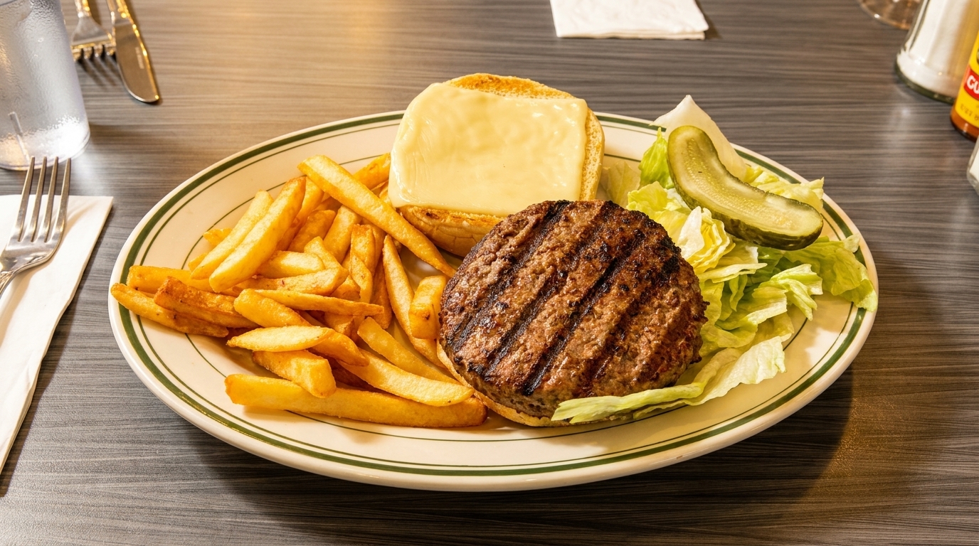 Grilled cheeseburger with fries, lettuce, and a pickle spear on a white plate with green trim.