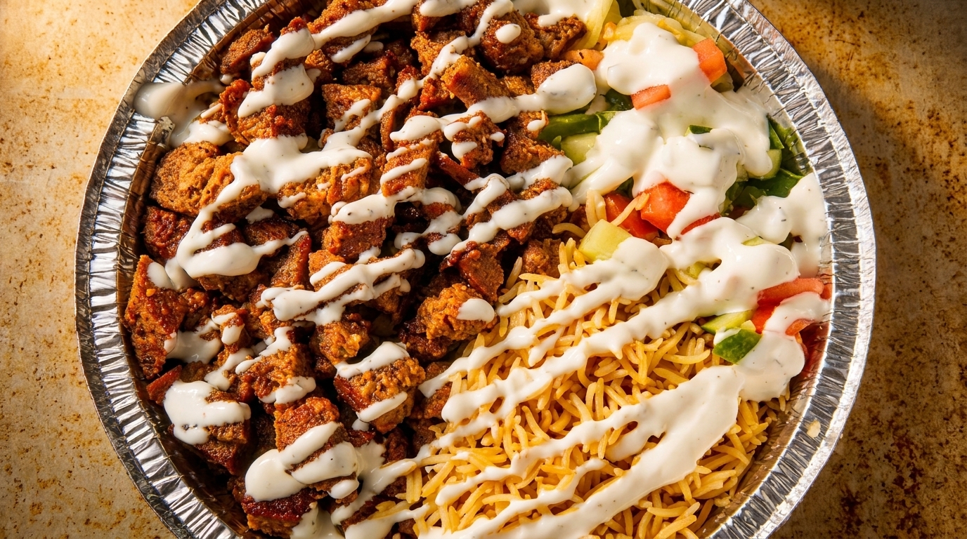 A foil container filled with chicken, rice, salad, and white sauce, viewed from above.