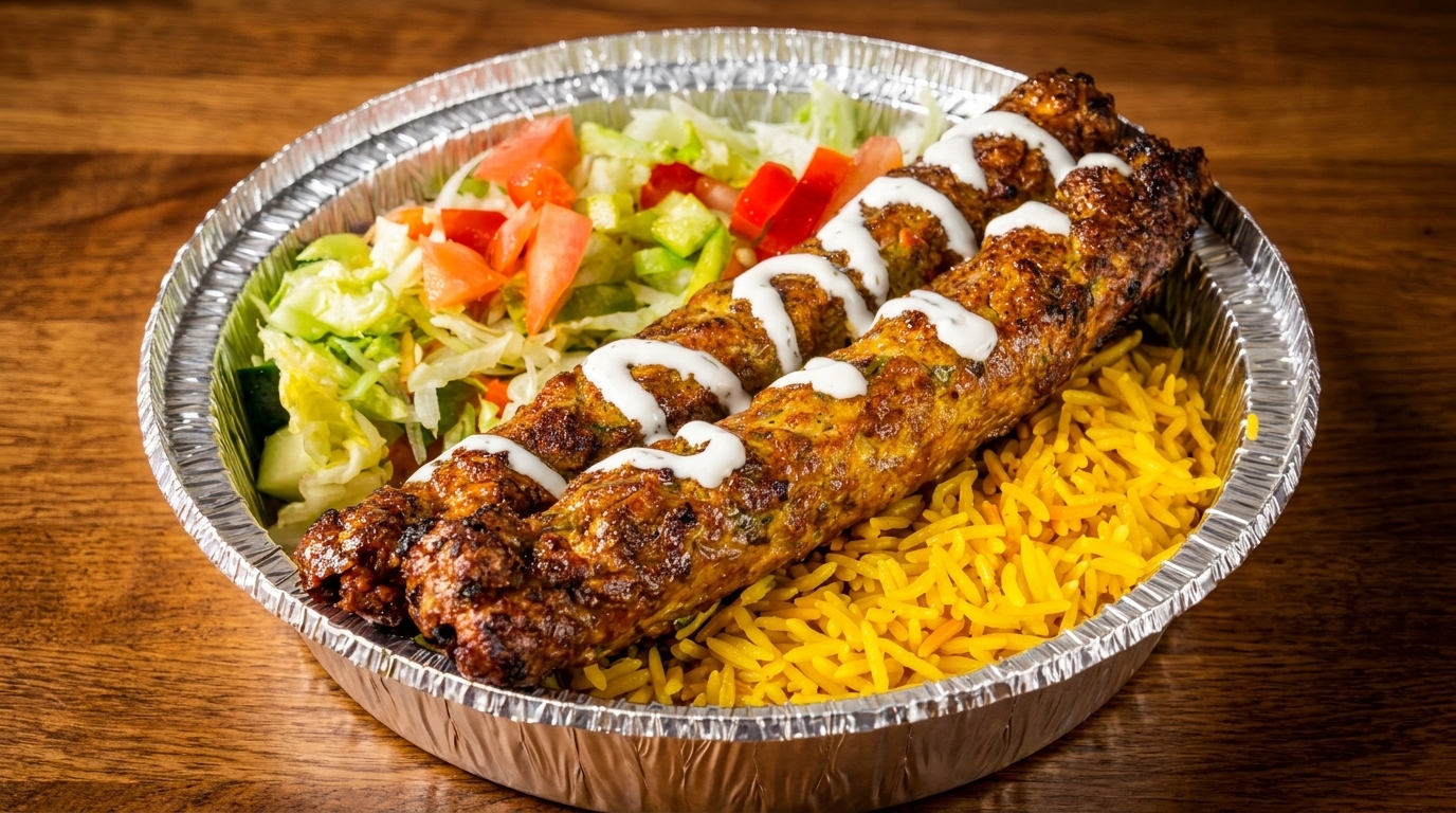Two grilled chicken kebabs with white sauce, yellow rice, and a side salad in a foil container.