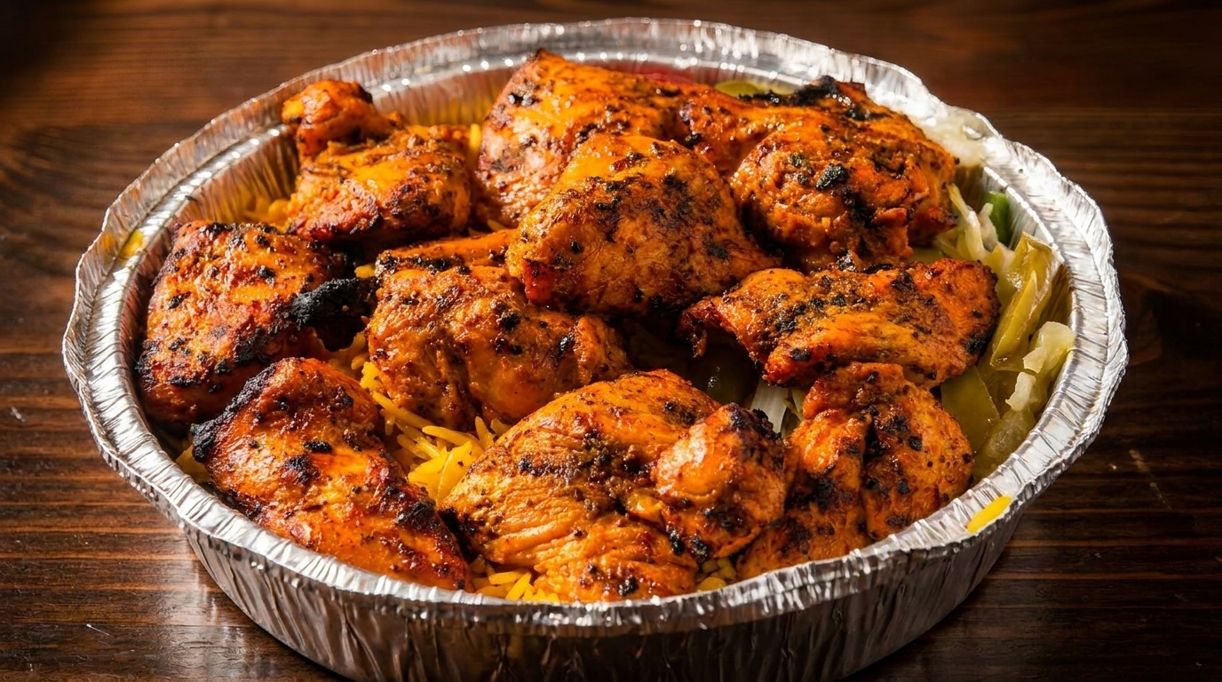 Grilled chicken pieces with rice and pickled vegetables in a foil takeout container.