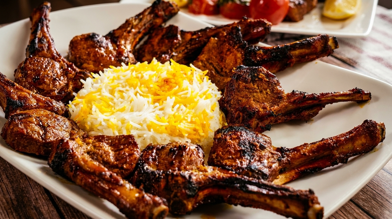 Grilled lamb chops arranged around a mound of white and saffron rice on a white platter.
