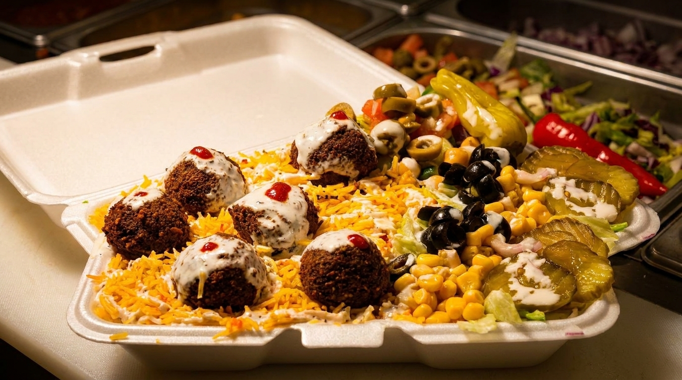Falafel over rice with corn, olives, pickles, and peppers in a takeout container.