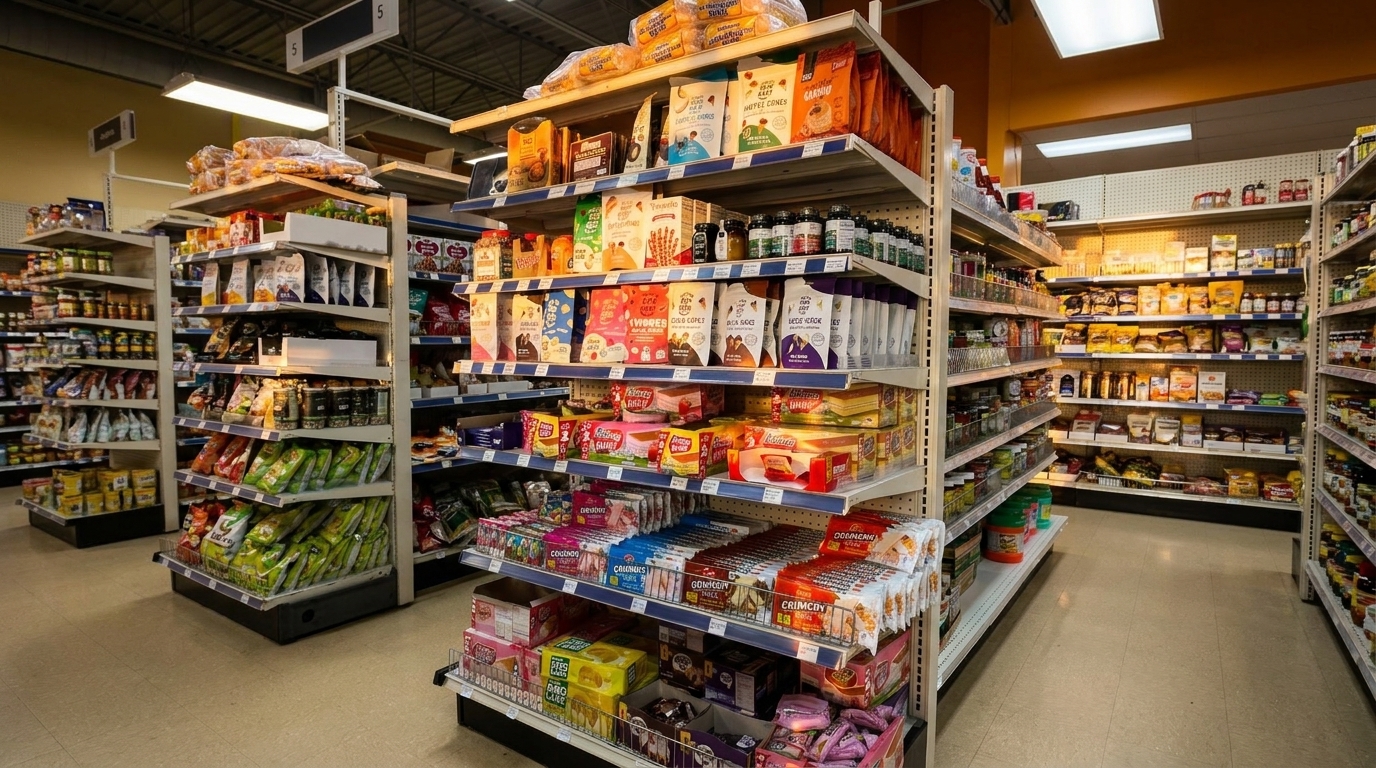 A grocery store aisle filled with shelves of packaged foods, snacks, and various products.