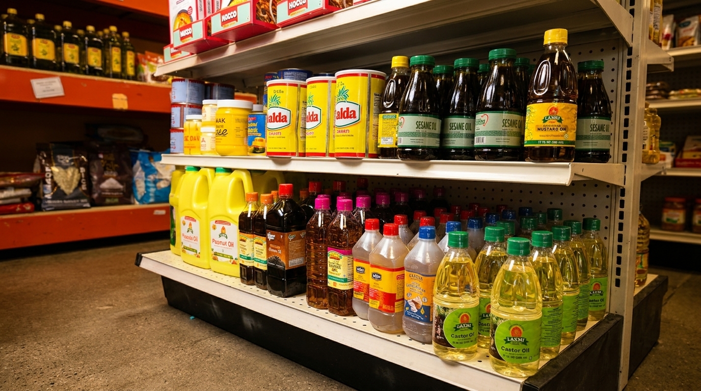 Shelves in a grocery store filled with various cooking oils, spices, and other food products.