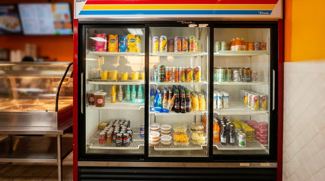 A large, red commercial refrigerator filled with various drinks and packaged foods in a restaurant.
