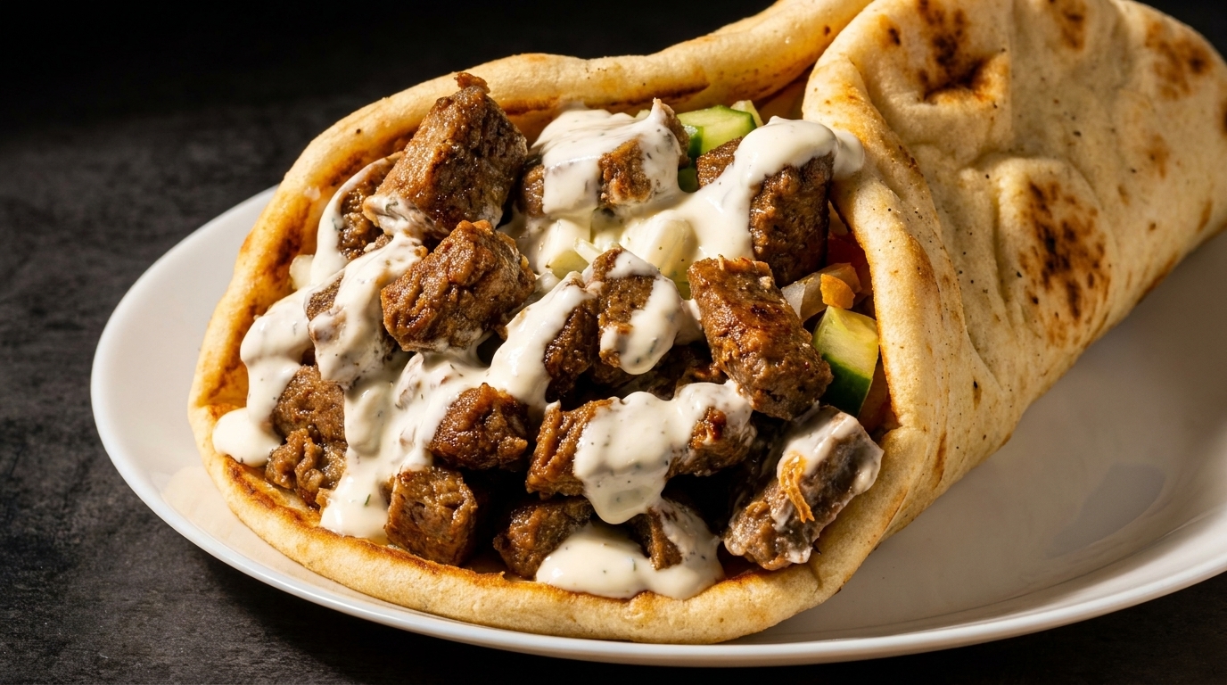 A close-up of a gyro with meat, white sauce, and vegetables in pita bread on a white plate.