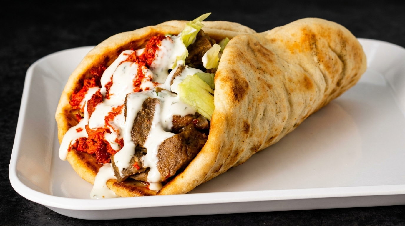 A delicious gyro with meat, lettuce, red sauce, and white sauce on a white plate.
