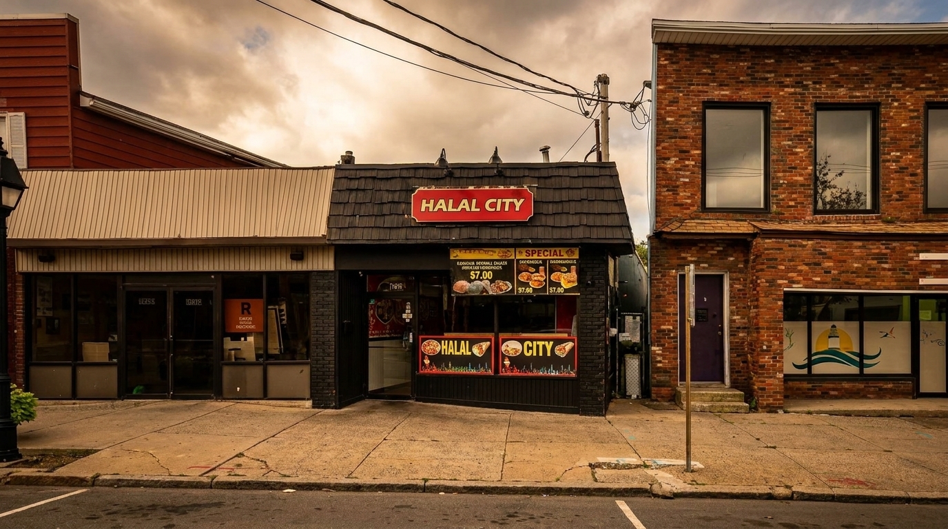 The exterior of Halal City restaurant with a red sign, menu displays, and brick buildings under a cloudy sky.