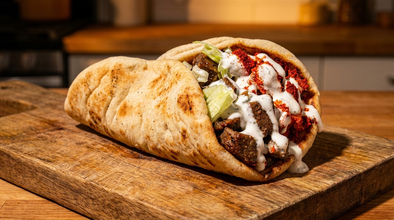 A pita bread wrap filled with meat, lettuce, red sauce, and white sauce on a wooden board.