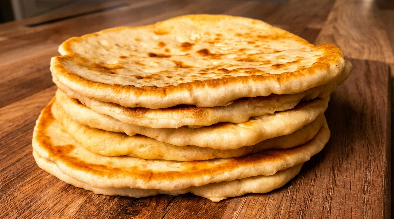 A stack of golden-brown, freshly baked flatbreads rests on a rustic wooden surface.
