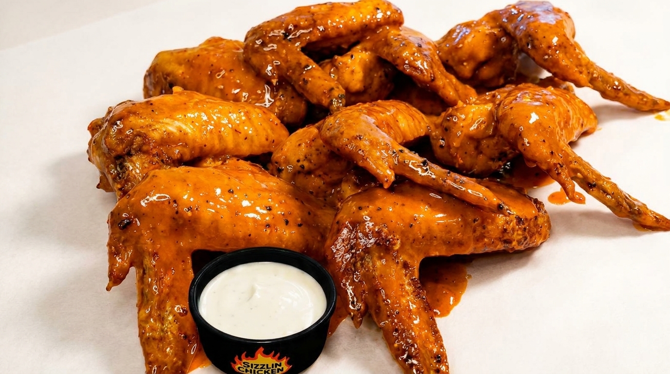A pile of Sizzlin Chicken wings, coated in orange sauce, with a side of ranch dressing.