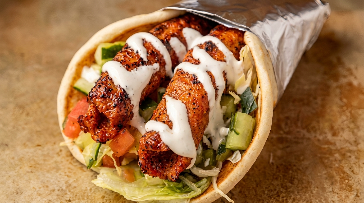 A chicken kebab wrap with white sauce, lettuce, tomatoes, and cucumbers, partially wrapped in foil.