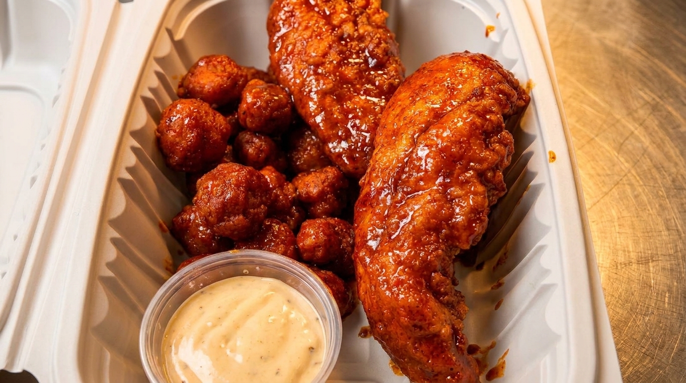 Two crispy chicken tenders and a pile of boneless wings, all coated in a glossy orange sauce, with a side of dipping sauce.