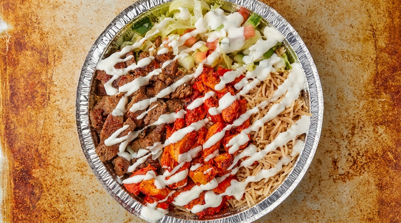 A foil container filled with rice, chicken, beef, lettuce, and tomatoes, drizzled with white sauce.
