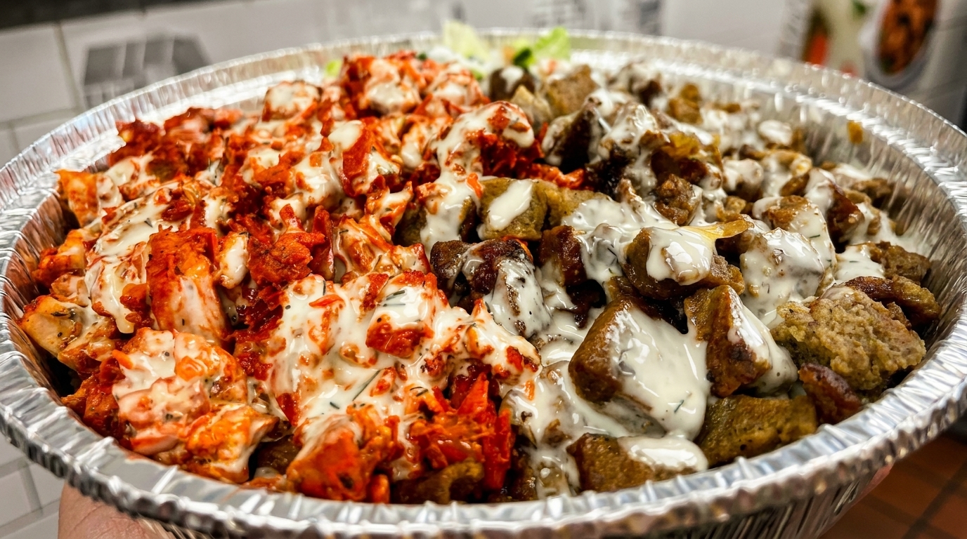 A foil container filled with red spiced chicken and brown meat, both drizzled with white sauce.