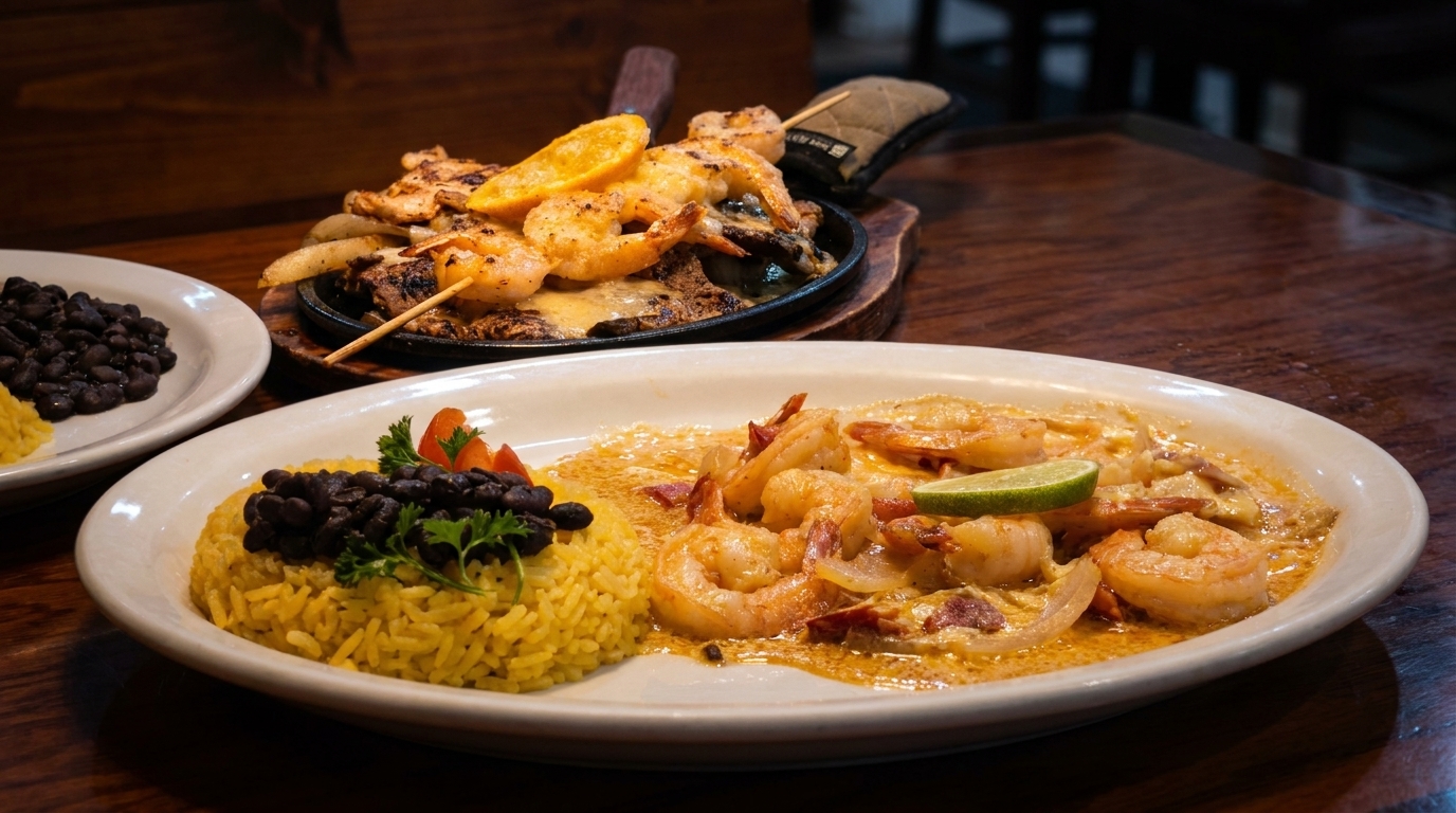 Shrimp in sauce with yellow rice and black beans, with shrimp skewers in the background.