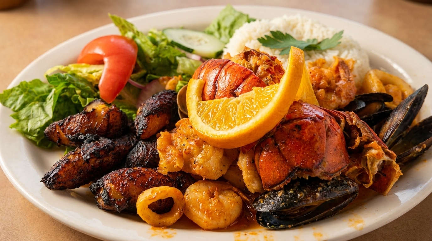 A seafood platter with lobster, mussels, shrimp, calamari, rice, salad, and plantains.