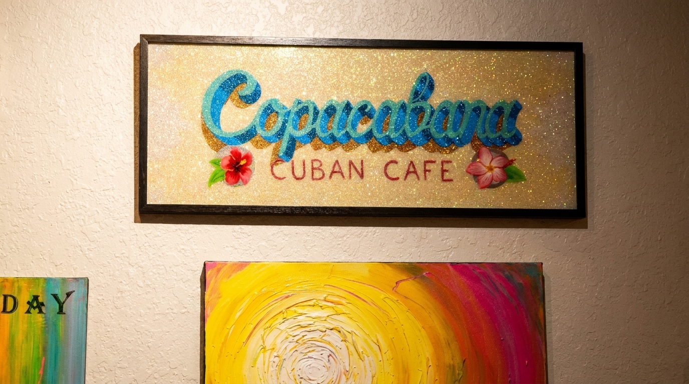 Glittery "Copacabana Cuban Cafe" sign with hibiscus flowers, above colorful abstract art.